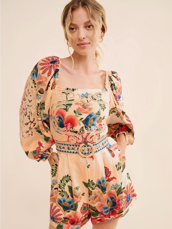FARM Rio Pants - Farm  Rio Garden Romper Embroidered Floral with Puff Sleeves